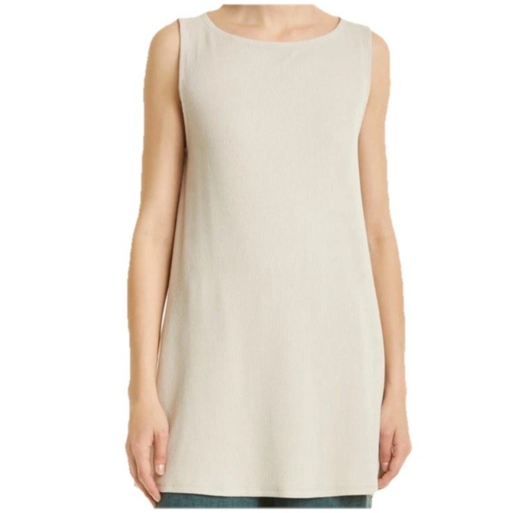 Eileen Fisher Ribbed Ballet Neck Tunic Top Organic Cotton In Chalk Nude Large